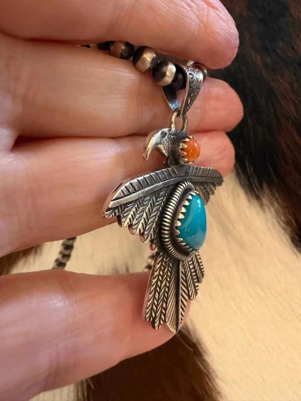 ❤️ Kingman Turquoise Spiny Oyster Thunderbird Navajo Sterling Statement Pendant